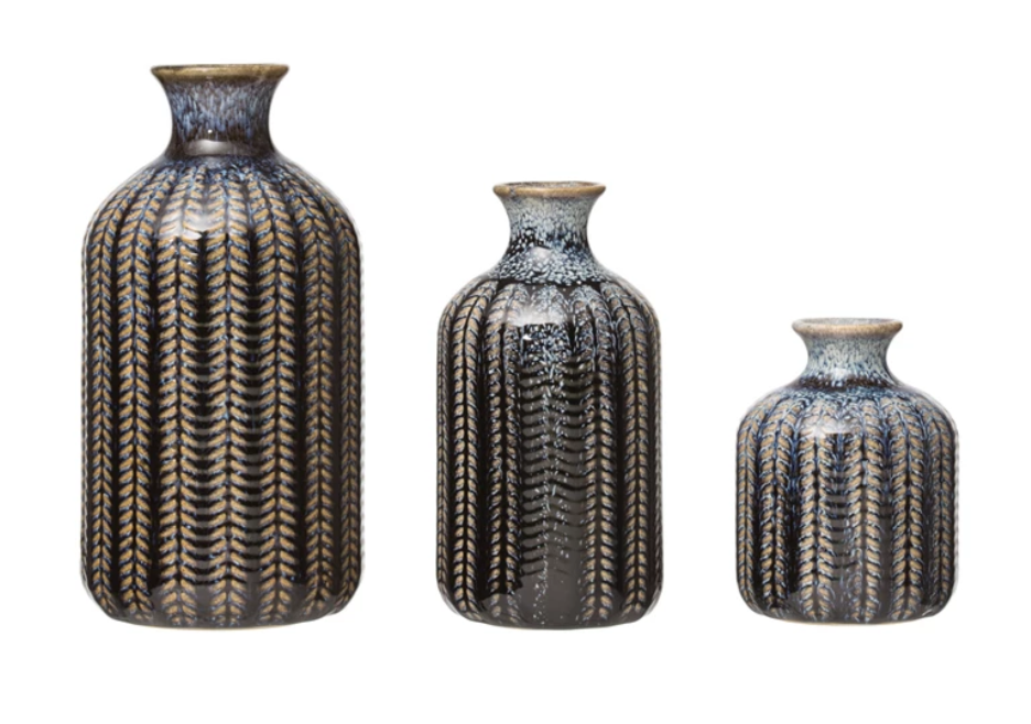 Embossed Stoneware Vases with Glaze - Set of 3