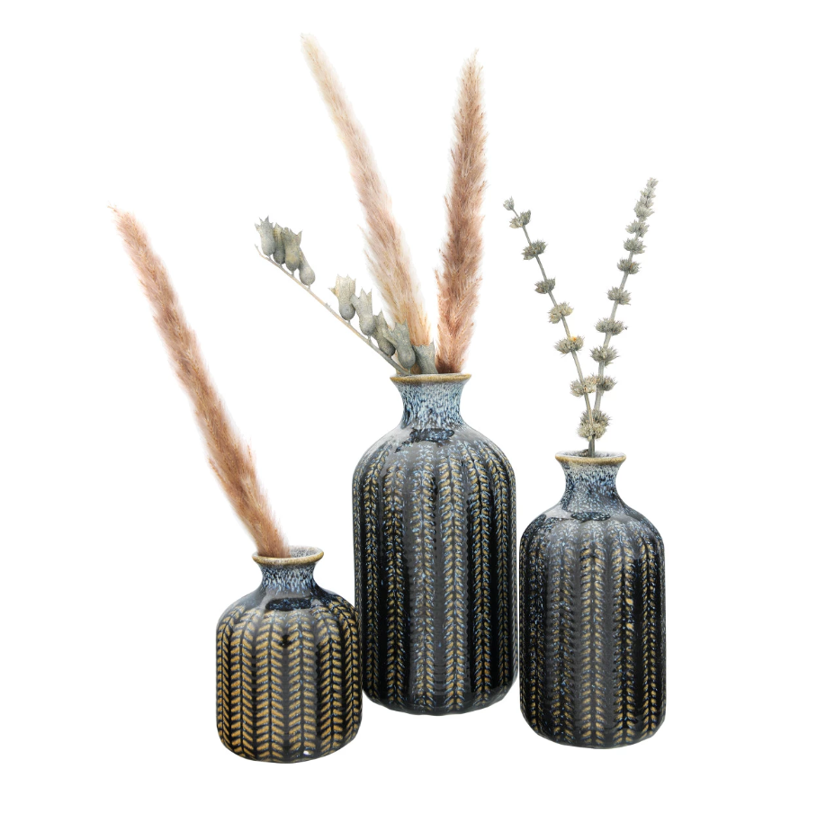 Embossed Stoneware Vases with Glaze - Set of 3