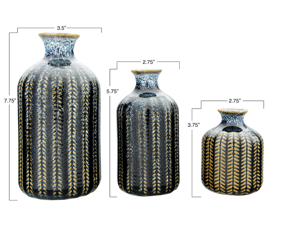 Embossed Stoneware Vases with Glaze - Set of 3