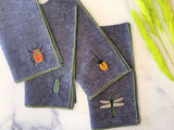 Insect Embroidery Linen Chambray Cloth Napkins, set of four