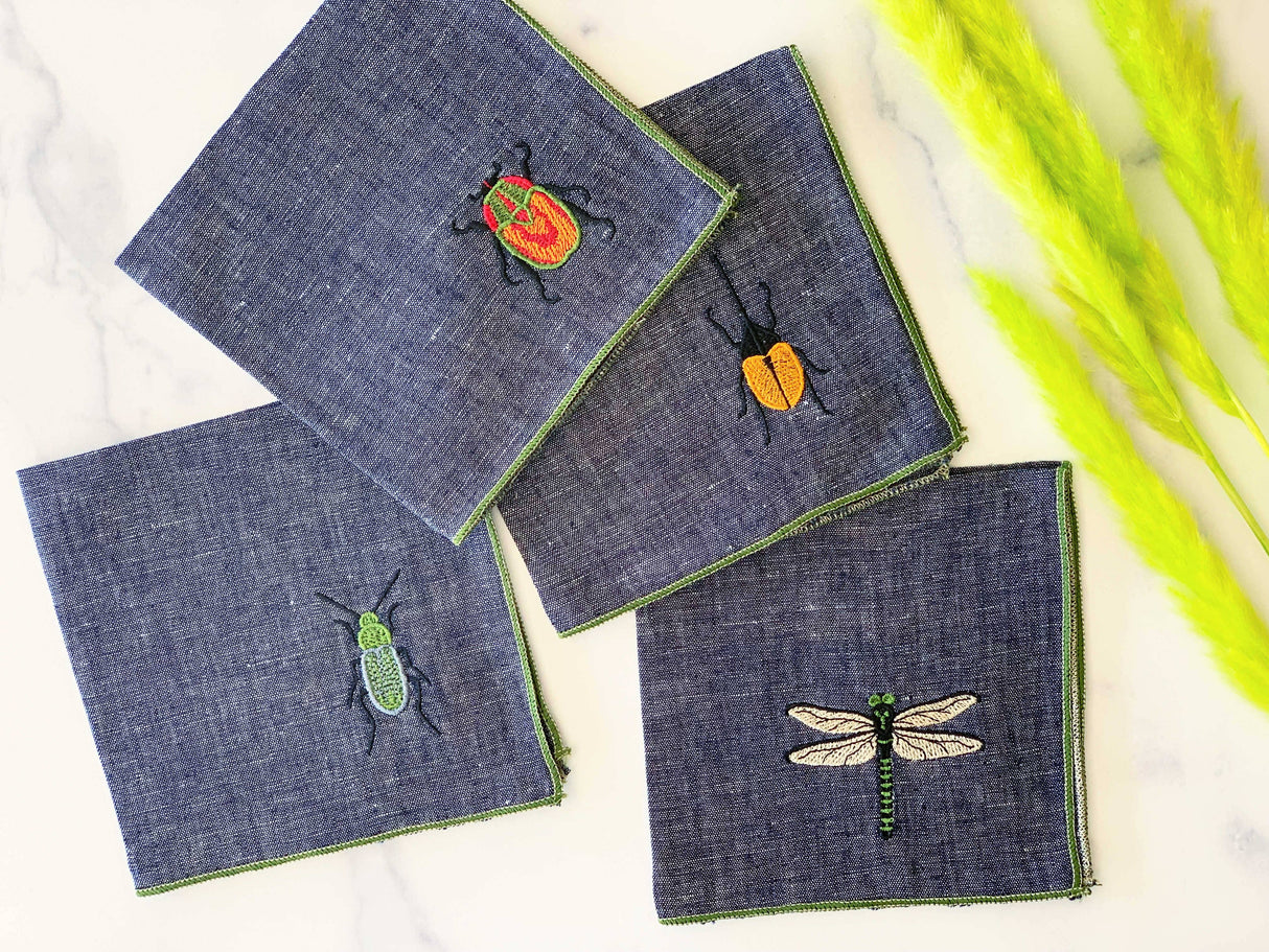 Insect Embroidery Linen Chambray Cloth Napkins, set of four