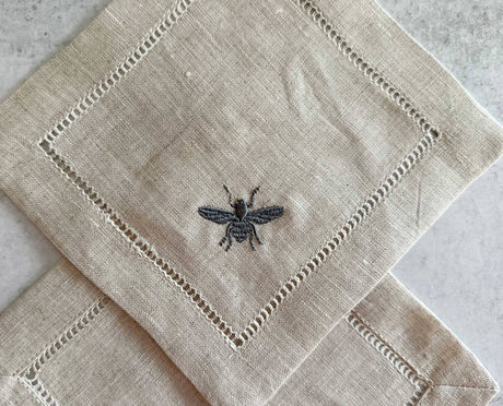 Embroidered Bee Linen Coasters, set of four