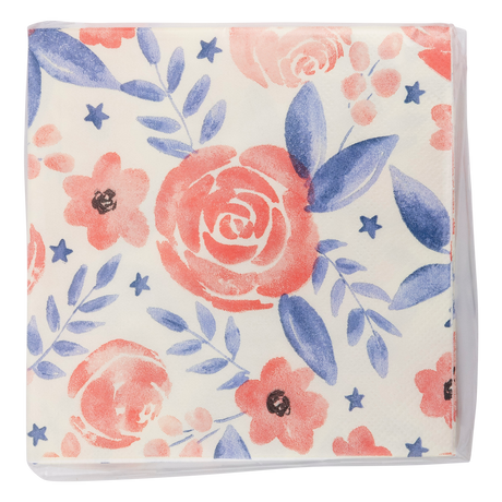 PLNP358 - Red and Blue Watercolor Floral Paper Cocktail Napkin