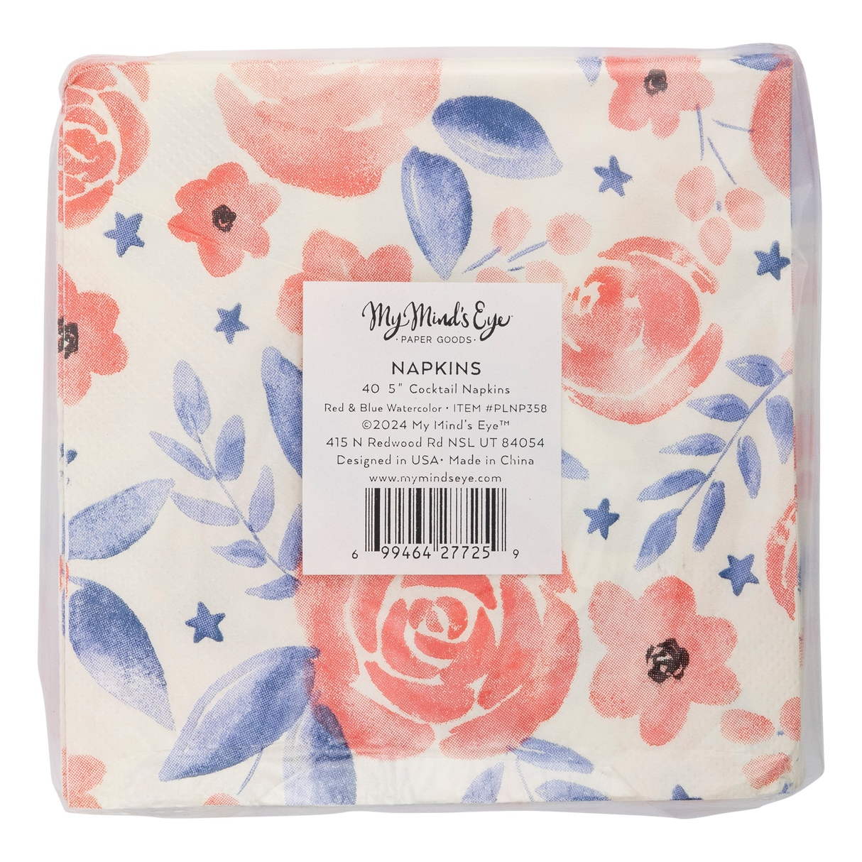 PLNP358 - Red and Blue Watercolor Floral Paper Cocktail Napkin