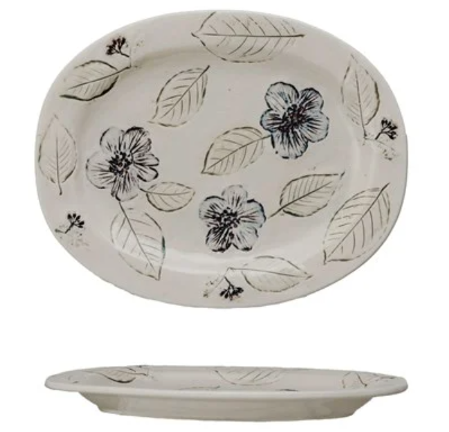 Oval Stoneware Plate w/ Flowers