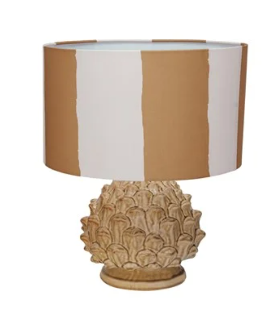 Stoneware Artichoke Finial Table Lamp w/ Painted Linen Shade