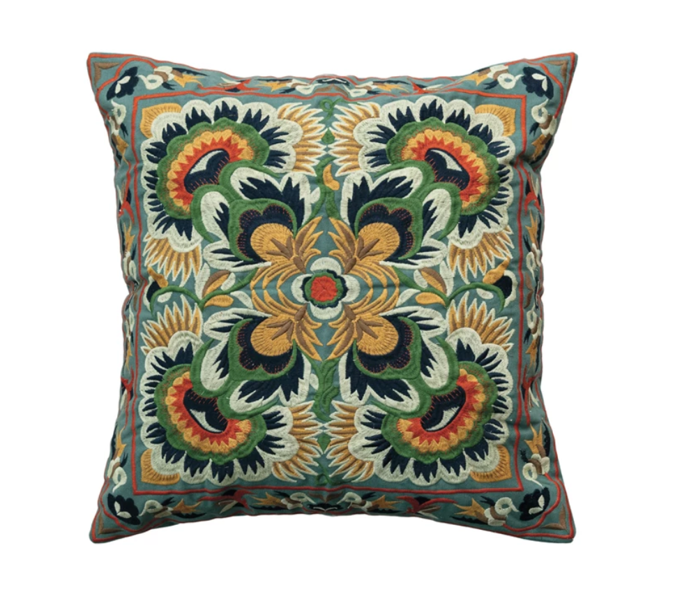 18" Square Cotton Embroidered Pillow w/Pattern