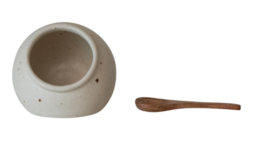 Stoneware Salt Cellar w/Mango Wood Spoon