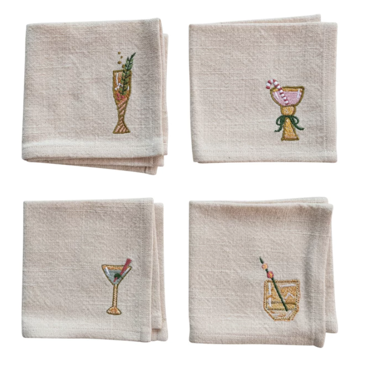 Cotton Cocktail Napkins- Embroidered Holiday