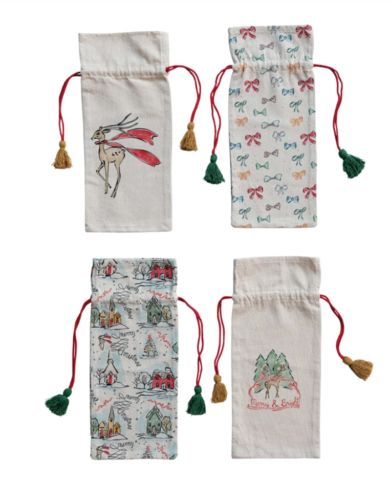 Cotton Chambray Printed Drawstring Wine Bag w/ Tassels