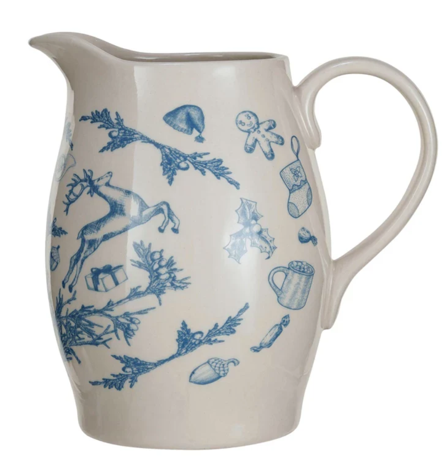 Stoneware pitcher w/ holiday blue + white pattern