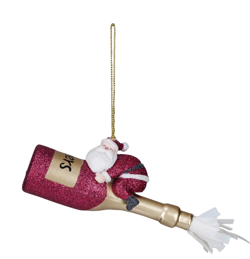 Glass Champagne Bottle Ornament w/ Resin Santa & Glitter