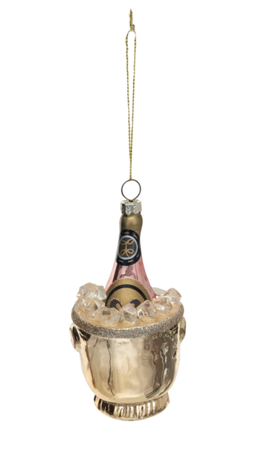 Glass Ice Bucket w/ Champagne Bottle &amp; Glitter Ornament