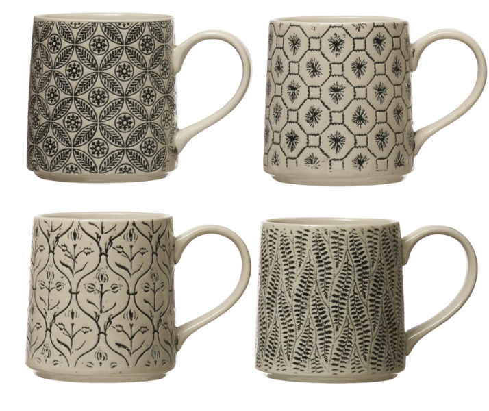 Black & Cream Print Stoneware Mugs