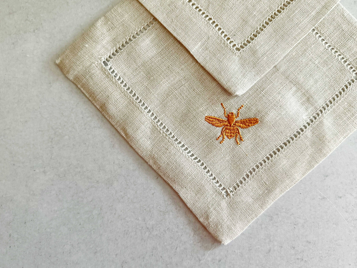 Embroidered Bee Linen Coasters, set of four