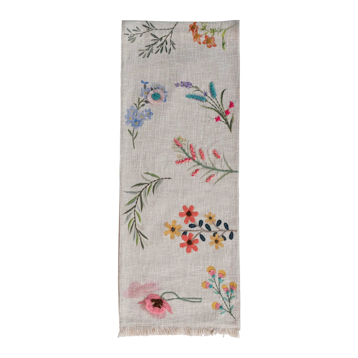 Cotton Slub Printed Table Runner With Flowers, Embroidery, & Fringe