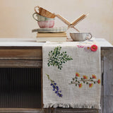 Cotton Slub Printed Table Runner With Flowers, Embroidery, & Fringe