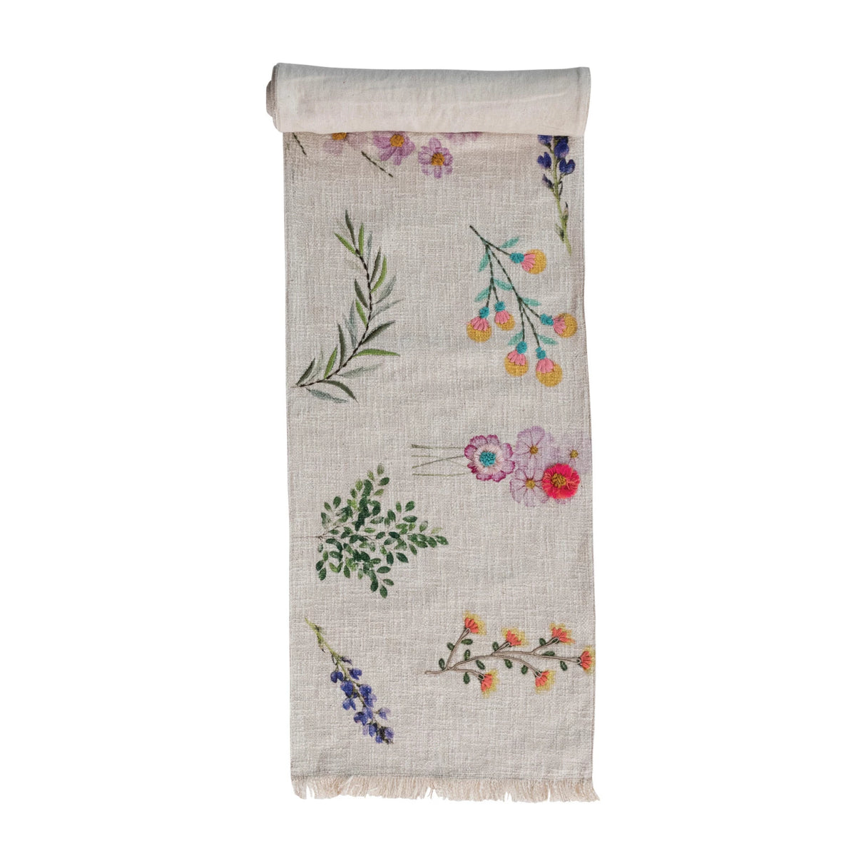 Cotton Slub Printed Table Runner With Flowers, Embroidery, & Fringe